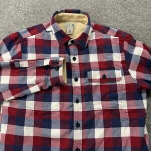 LL Bean Mens M Fleece Lined Flannel Shirt Jacket Red Blue Plaid Button Warm